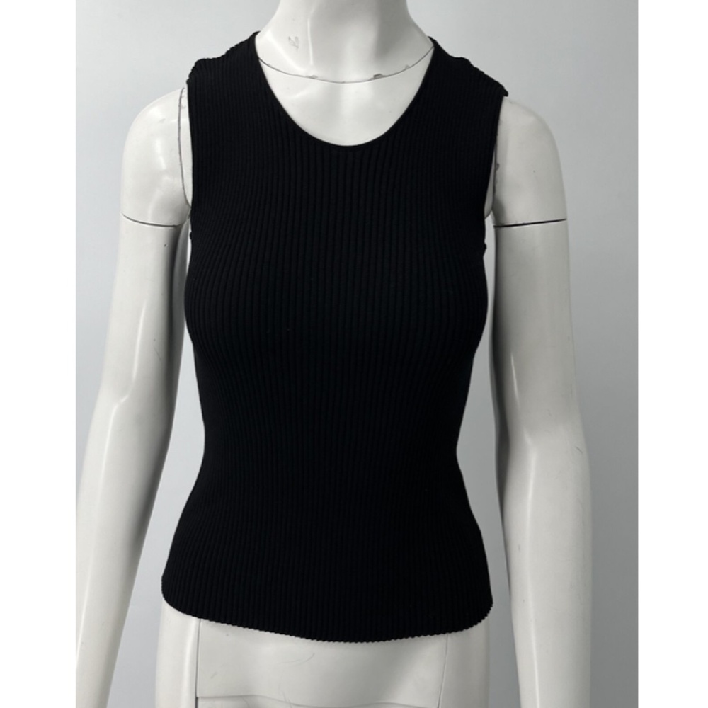 Chanel Black Ribbed Stretch Cotton Knit Tank sz 42